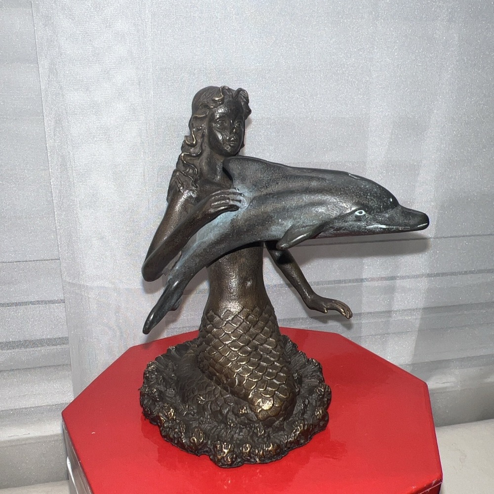 Mermaid With Dolphin Brass Iron cast Sculpture Figure Paper Weight,garden, 4.25"